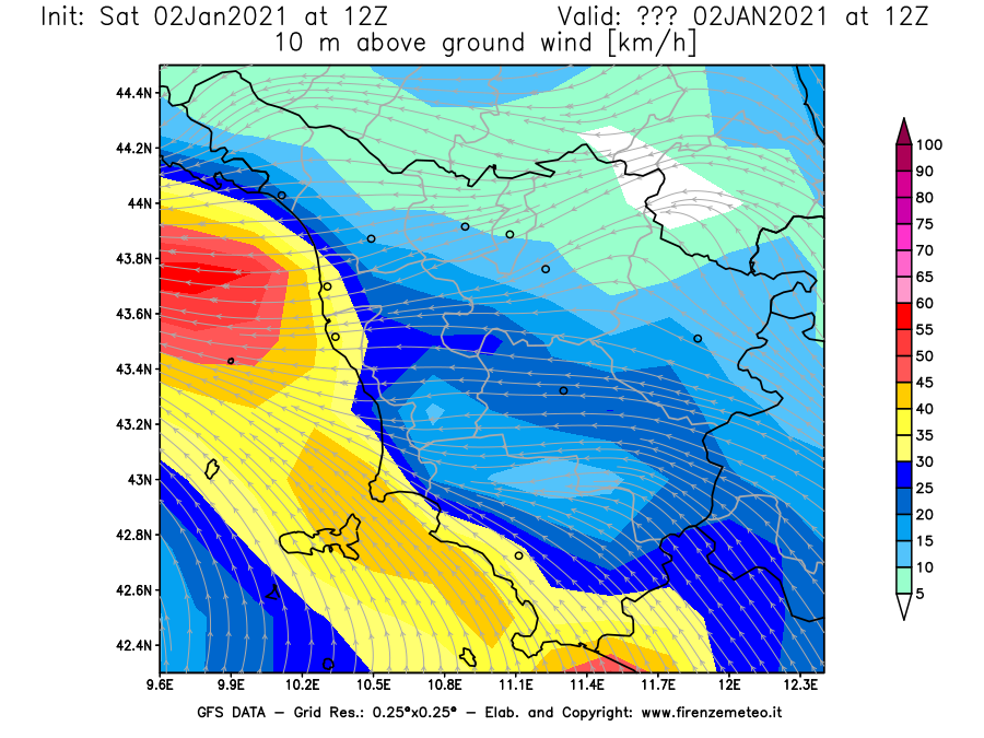 Mappa di analisi GFS - Velocità del vento a 10 metri dal suolo [km/h] in Toscana
									del 02/01/2021 12 <!--googleoff: index-->UTC<!--googleon: index-->