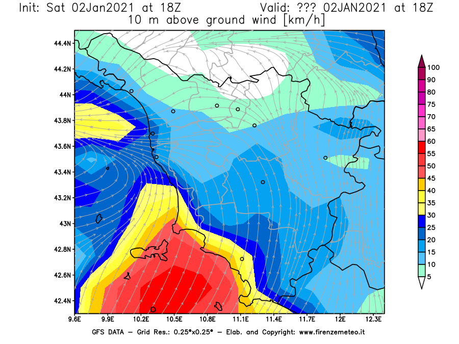 Mappa di analisi GFS - Velocità del vento a 10 metri dal suolo [km/h] in Toscana
									del 02/01/2021 18 <!--googleoff: index-->UTC<!--googleon: index-->