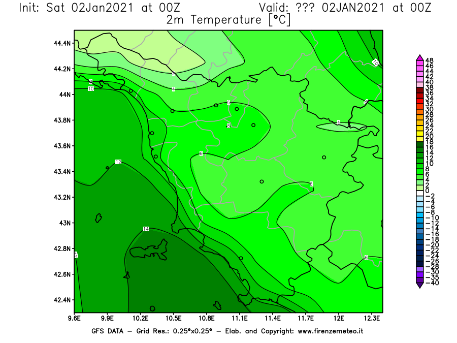 Mappa di analisi GFS - Temperatura a 2 metri dal suolo [°C] in Toscana
									del 02/01/2021 00 <!--googleoff: index-->UTC<!--googleon: index-->