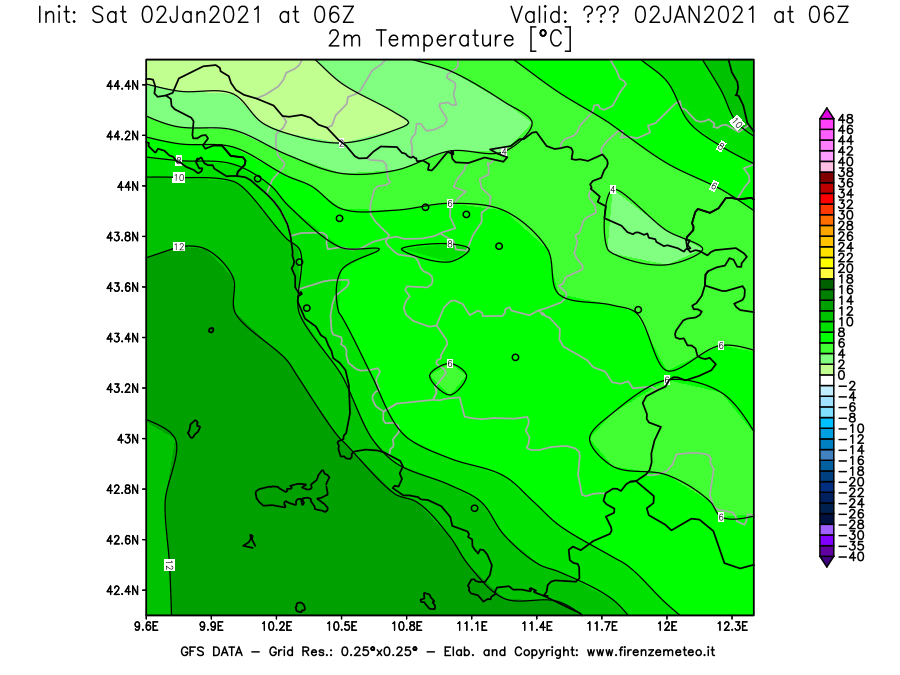 Mappa di analisi GFS - Temperatura a 2 metri dal suolo [°C] in Toscana
									del 02/01/2021 06 <!--googleoff: index-->UTC<!--googleon: index-->