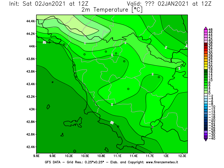 Mappa di analisi GFS - Temperatura a 2 metri dal suolo [°C] in Toscana
									del 02/01/2021 12 <!--googleoff: index-->UTC<!--googleon: index-->