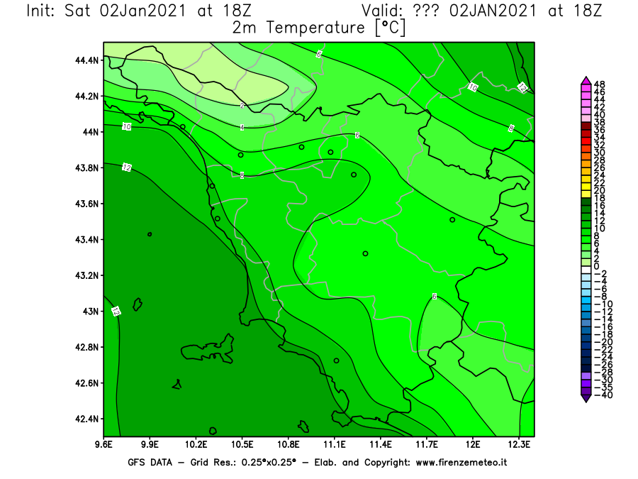 Mappa di analisi GFS - Temperatura a 2 metri dal suolo [°C] in Toscana
									del 02/01/2021 18 <!--googleoff: index-->UTC<!--googleon: index-->