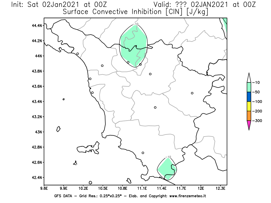 Mappa di analisi GFS - CIN [J/kg] in Toscana
									del 02/01/2021 00 <!--googleoff: index-->UTC<!--googleon: index-->