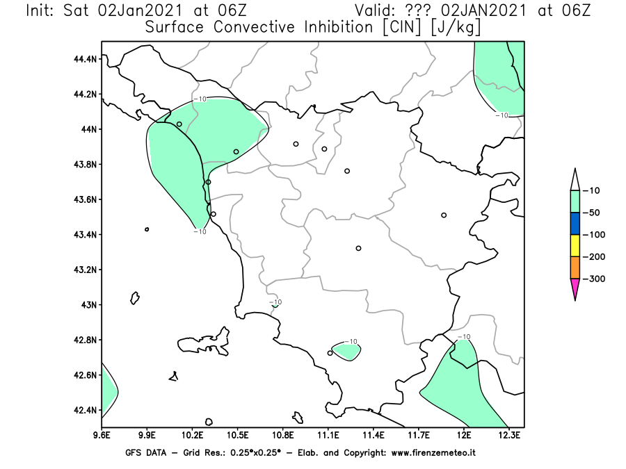 Mappa di analisi GFS - CIN [J/kg] in Toscana
									del 02/01/2021 06 <!--googleoff: index-->UTC<!--googleon: index-->