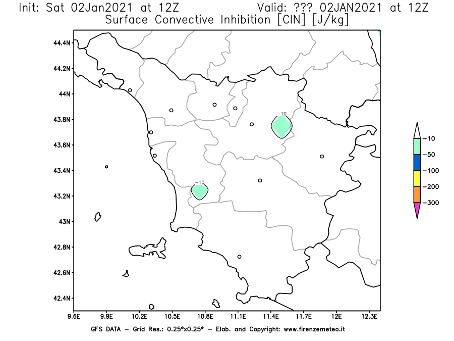 Mappa di analisi GFS - CIN [J/kg] in Toscana
									del 02/01/2021 12 <!--googleoff: index-->UTC<!--googleon: index-->