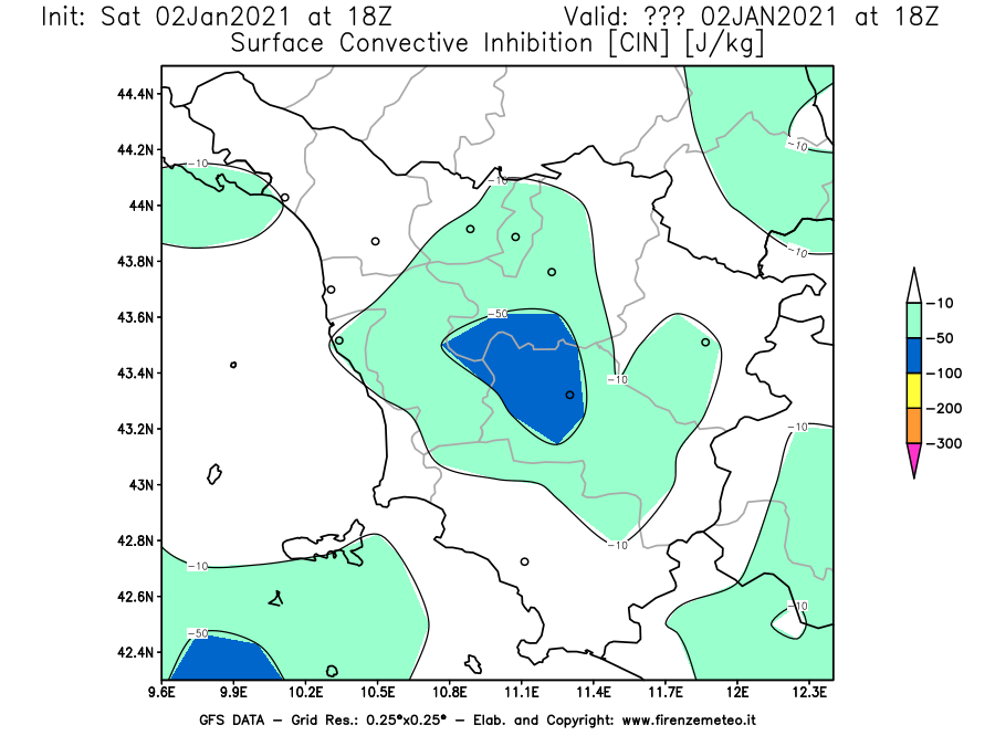 Mappa di analisi GFS - CIN [J/kg] in Toscana
									del 02/01/2021 18 <!--googleoff: index-->UTC<!--googleon: index-->