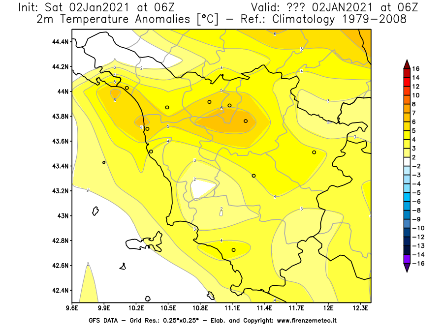 Mappa di analisi GFS - Anomalia Temperatura [°C] a 2 m in Toscana
									del 02/01/2021 06 <!--googleoff: index-->UTC<!--googleon: index-->