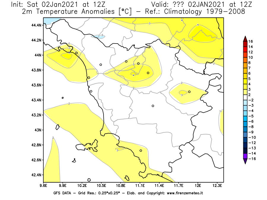 Mappa di analisi GFS - Anomalia Temperatura [°C] a 2 m in Toscana
									del 02/01/2021 12 <!--googleoff: index-->UTC<!--googleon: index-->