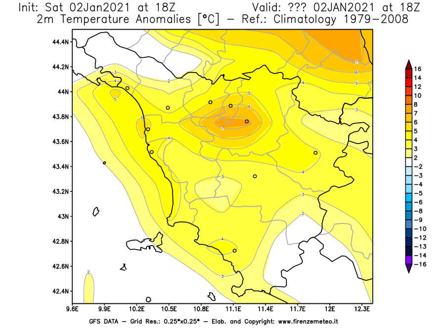 Mappa di analisi GFS - Anomalia Temperatura [°C] a 2 m in Toscana
									del 02/01/2021 18 <!--googleoff: index-->UTC<!--googleon: index-->