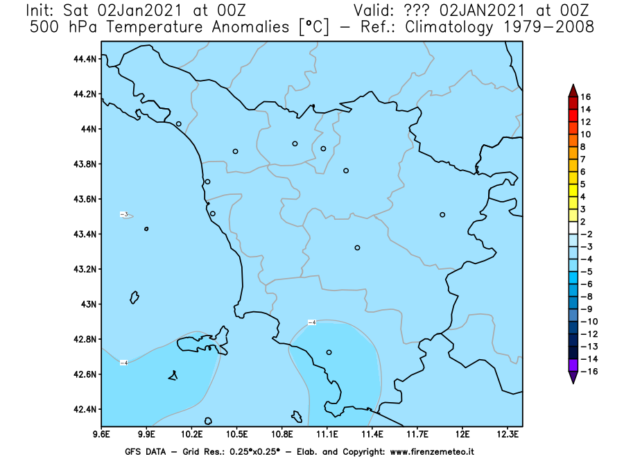 Mappa di analisi GFS - Anomalia Temperatura [°C] a 500 hPa in Toscana
									del 02/01/2021 00 <!--googleoff: index-->UTC<!--googleon: index-->