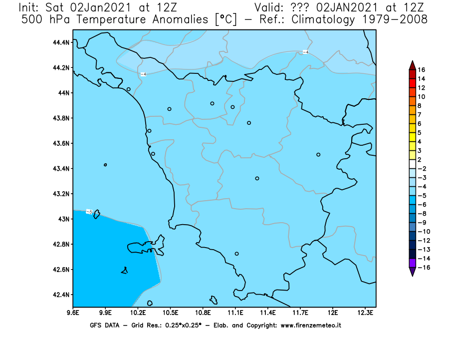 Mappa di analisi GFS - Anomalia Temperatura [°C] a 500 hPa in Toscana
									del 02/01/2021 12 <!--googleoff: index-->UTC<!--googleon: index-->