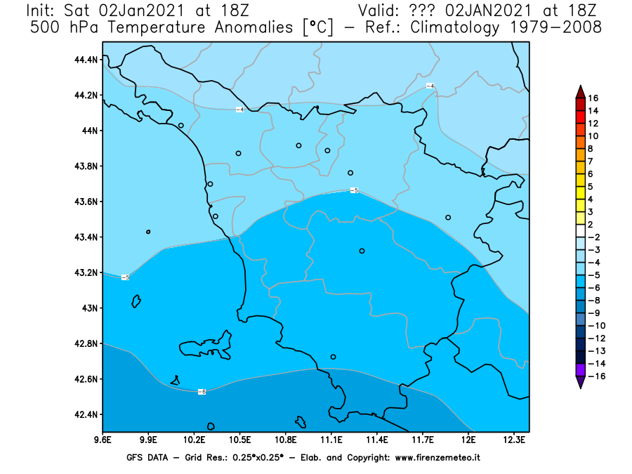 Mappa di analisi GFS - Anomalia Temperatura [°C] a 500 hPa in Toscana
									del 02/01/2021 18 <!--googleoff: index-->UTC<!--googleon: index-->
