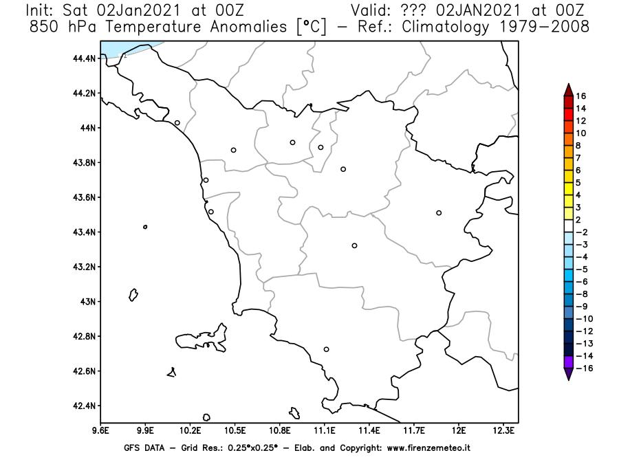Mappa di analisi GFS - Anomalia Temperatura [°C] a 850 hPa in Toscana
									del 02/01/2021 00 <!--googleoff: index-->UTC<!--googleon: index-->