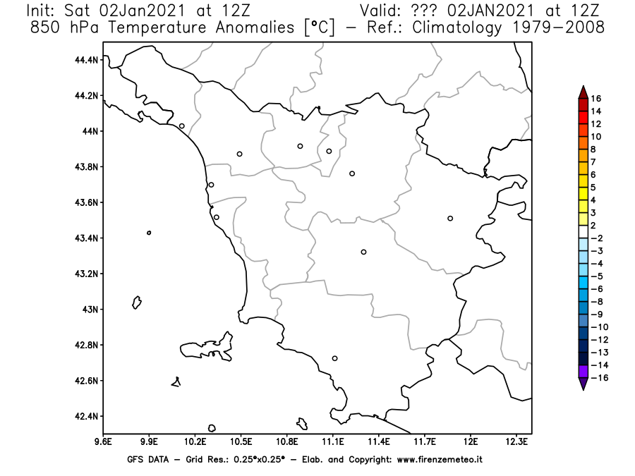Mappa di analisi GFS - Anomalia Temperatura [°C] a 850 hPa in Toscana
									del 02/01/2021 12 <!--googleoff: index-->UTC<!--googleon: index-->