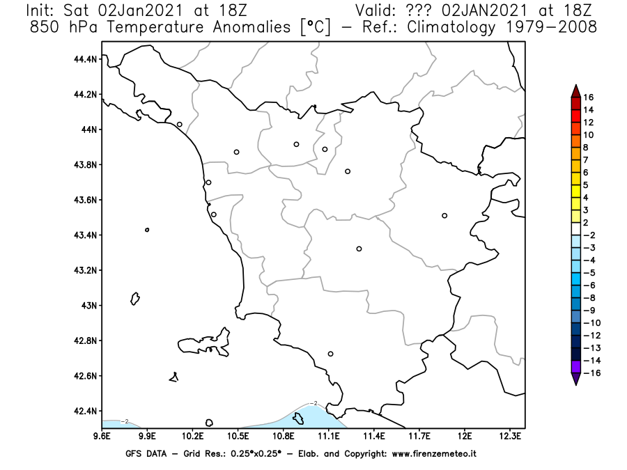 Mappa di analisi GFS - Anomalia Temperatura [°C] a 850 hPa in Toscana
									del 02/01/2021 18 <!--googleoff: index-->UTC<!--googleon: index-->