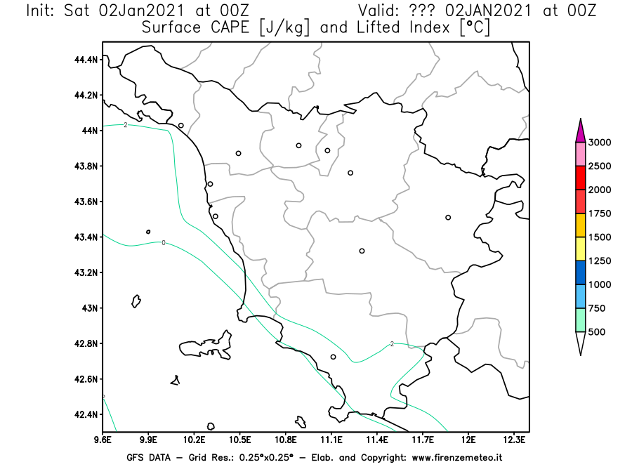 Mappa di analisi GFS - CAPE [J/kg] e Lifted Index [°C] in Toscana
									del 02/01/2021 00 <!--googleoff: index-->UTC<!--googleon: index-->