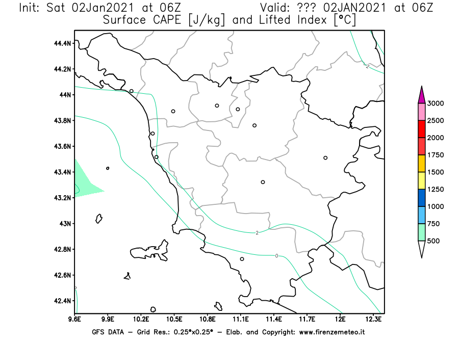Mappa di analisi GFS - CAPE [J/kg] e Lifted Index [°C] in Toscana
									del 02/01/2021 06 <!--googleoff: index-->UTC<!--googleon: index-->