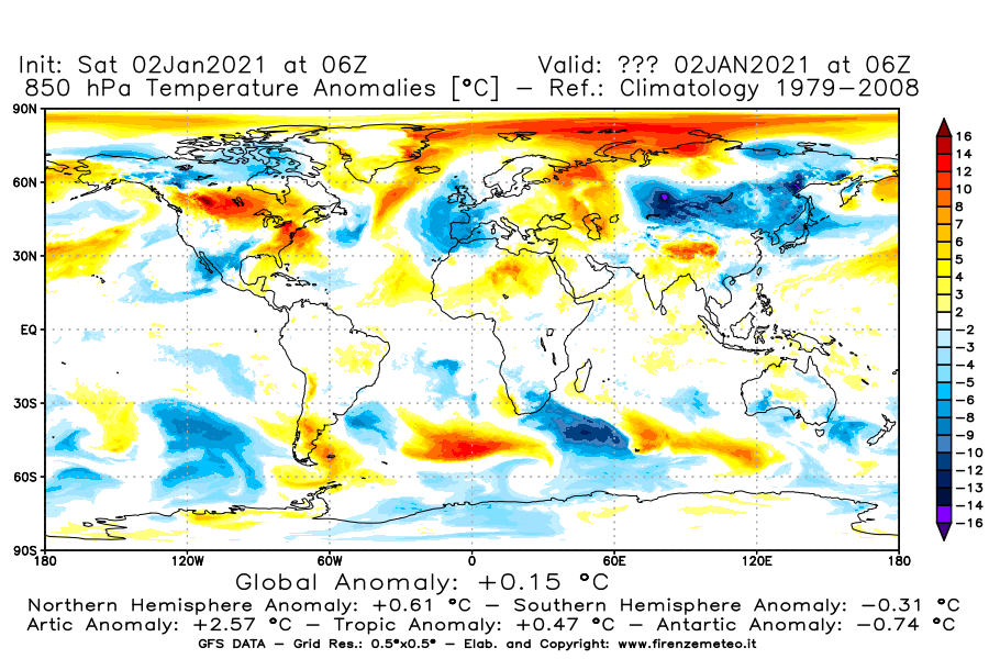 Mappa di analisi GFS - Anomalia Temperatura [°C] a 850 hPa in World
									del 02/01/2021 06 <!--googleoff: index-->UTC<!--googleon: index-->