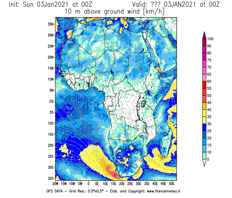 Mappa di analisi GFS - Velocità del vento a 10 metri dal suolo [km/h] in Africa
									del 03/01/2021 00 <!--googleoff: index-->UTC<!--googleon: index-->