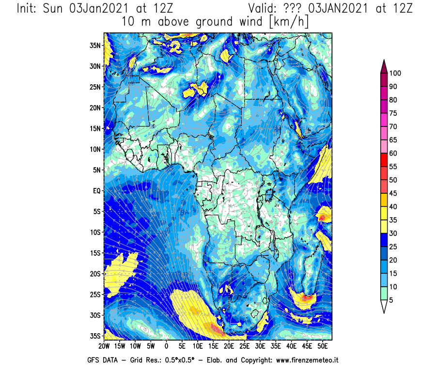 Mappa di analisi GFS - Velocità del vento a 10 metri dal suolo [km/h] in Africa
							del 03/01/2021 12 <!--googleoff: index-->UTC<!--googleon: index-->