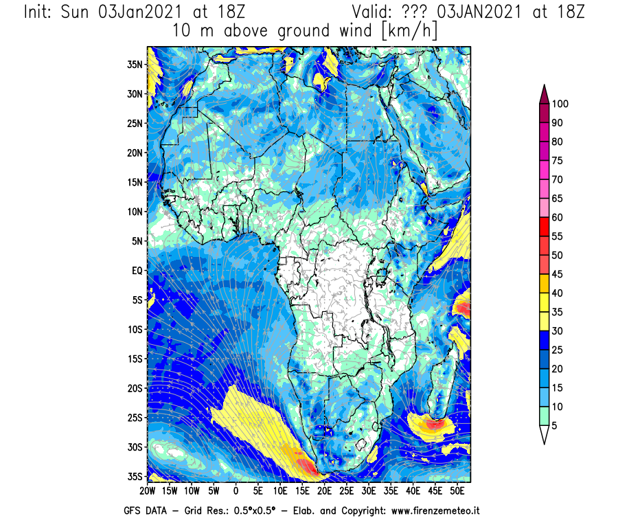 Mappa di analisi GFS - Velocità del vento a 10 metri dal suolo [km/h] in Africa
									del 03/01/2021 18 <!--googleoff: index-->UTC<!--googleon: index-->