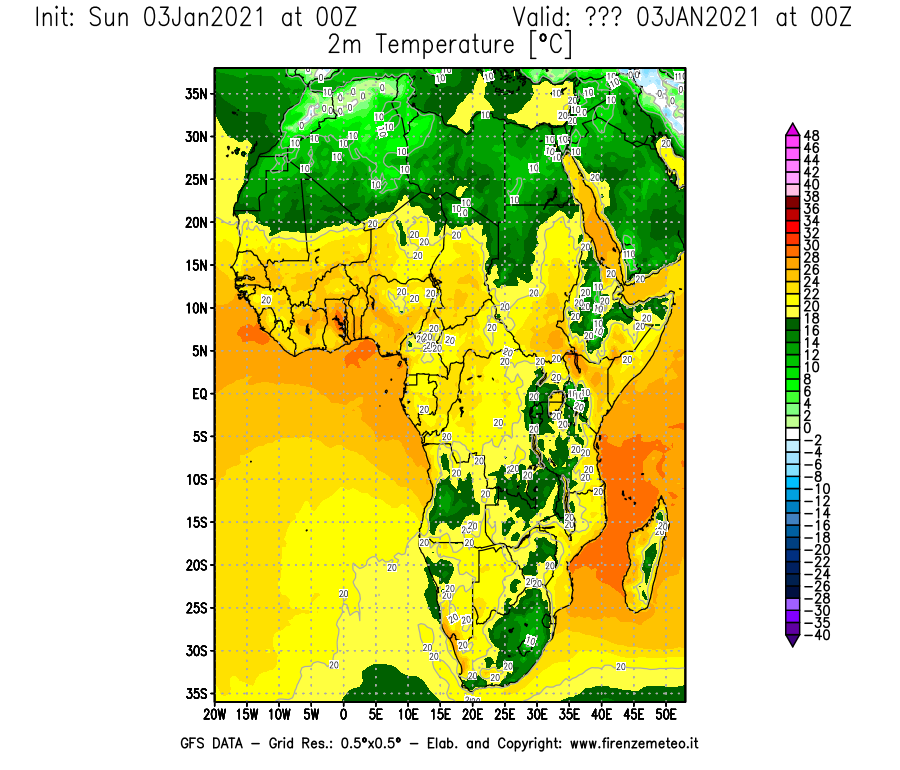 Mappa di analisi GFS - Temperatura a 2 metri dal suolo [°C] in Africa
							del 03/01/2021 00 <!--googleoff: index-->UTC<!--googleon: index-->