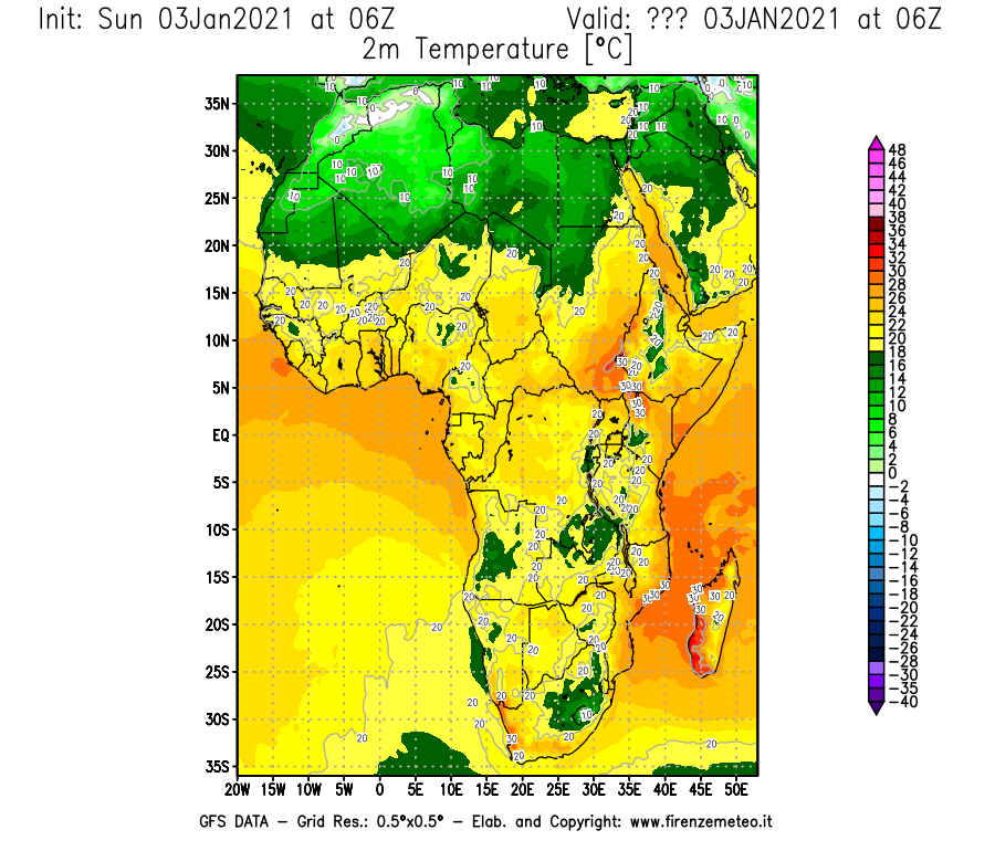 Mappa di analisi GFS - Temperatura a 2 metri dal suolo [°C] in Africa
									del 03/01/2021 06 <!--googleoff: index-->UTC<!--googleon: index-->
