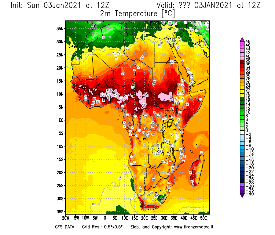 Mappa di analisi GFS - Temperatura a 2 metri dal suolo [°C] in Africa
							del 03/01/2021 12 <!--googleoff: index-->UTC<!--googleon: index-->