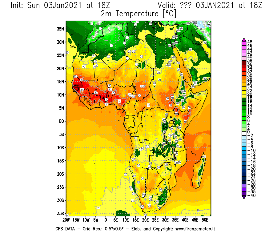 Mappa di analisi GFS - Temperatura a 2 metri dal suolo [°C] in Africa
							del 03/01/2021 18 <!--googleoff: index-->UTC<!--googleon: index-->
