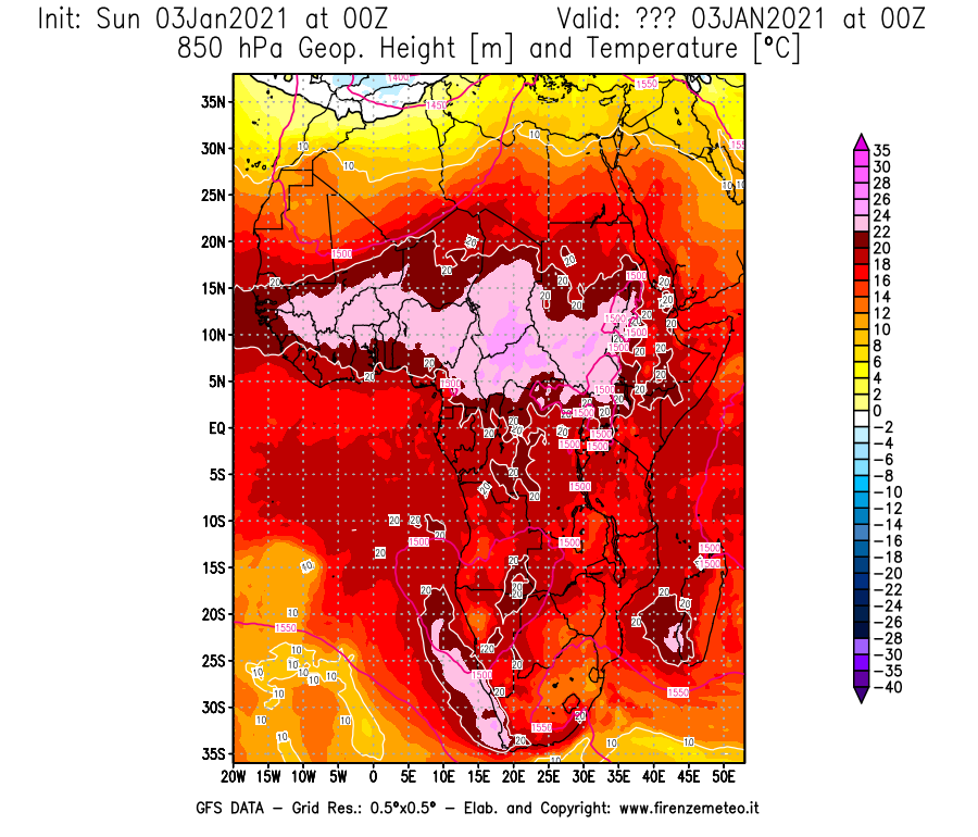 Mappa di analisi GFS - Geopotenziale [m] e Temperatura [°C] a 850 hPa in Africa
									del 03/01/2021 00 <!--googleoff: index-->UTC<!--googleon: index-->