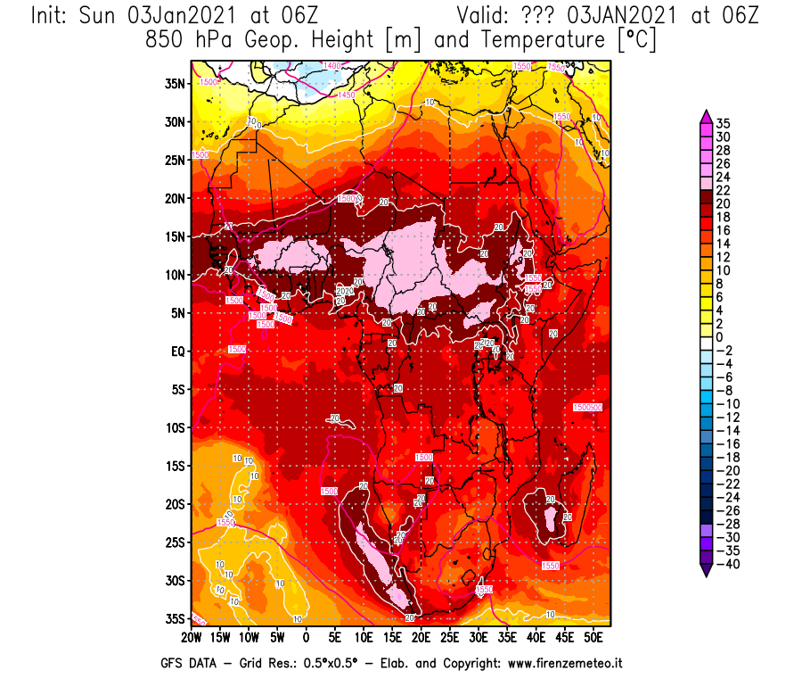 Mappa di analisi GFS - Geopotenziale [m] e Temperatura [°C] a 850 hPa in Africa
							del 03/01/2021 06 <!--googleoff: index-->UTC<!--googleon: index-->