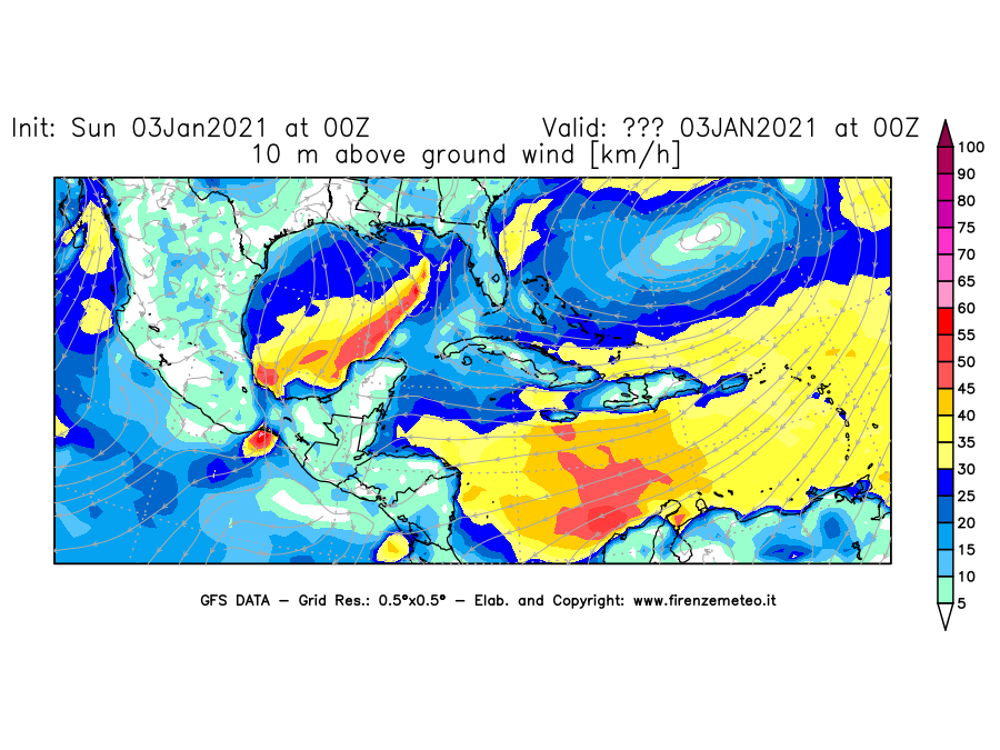 Mappa di analisi GFS - Velocità del vento a 10 metri dal suolo [km/h] in Centro-America
							del 03/01/2021 00 <!--googleoff: index-->UTC<!--googleon: index-->