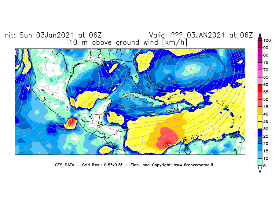 Mappa di analisi GFS - Velocità del vento a 10 metri dal suolo [km/h] in Centro-America
							del 03/01/2021 06 <!--googleoff: index-->UTC<!--googleon: index-->