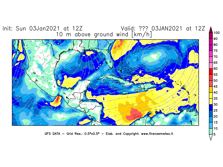 Mappa di analisi GFS - Velocità del vento a 10 metri dal suolo [km/h] in Centro-America
							del 03/01/2021 12 <!--googleoff: index-->UTC<!--googleon: index-->