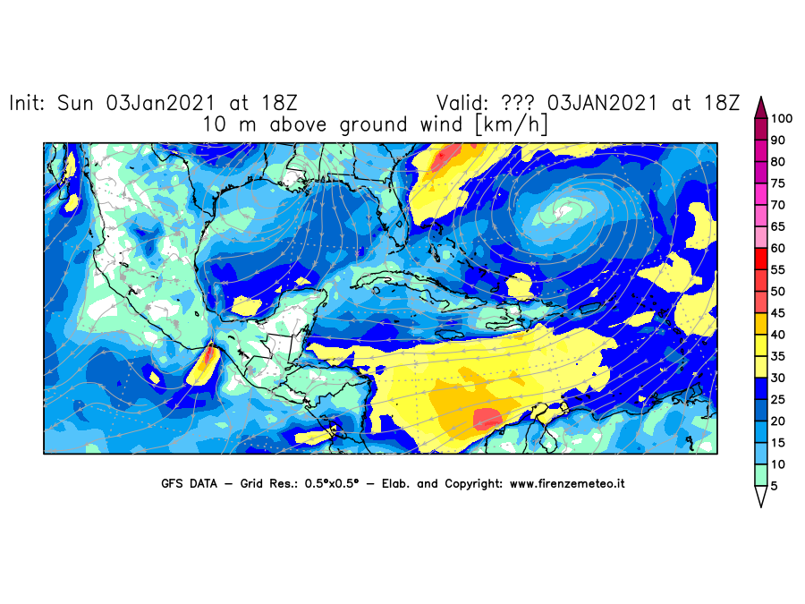 Mappa di analisi GFS - Velocità del vento a 10 metri dal suolo [km/h] in Centro-America
									del 03/01/2021 18 <!--googleoff: index-->UTC<!--googleon: index-->
