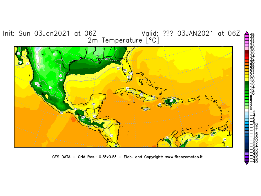 Mappa di analisi GFS - Temperatura a 2 metri dal suolo [°C] in Centro-America
							del 03/01/2021 06 <!--googleoff: index-->UTC<!--googleon: index-->