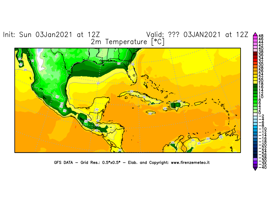 Mappa di analisi GFS - Temperatura a 2 metri dal suolo [°C] in Centro-America
									del 03/01/2021 12 <!--googleoff: index-->UTC<!--googleon: index-->