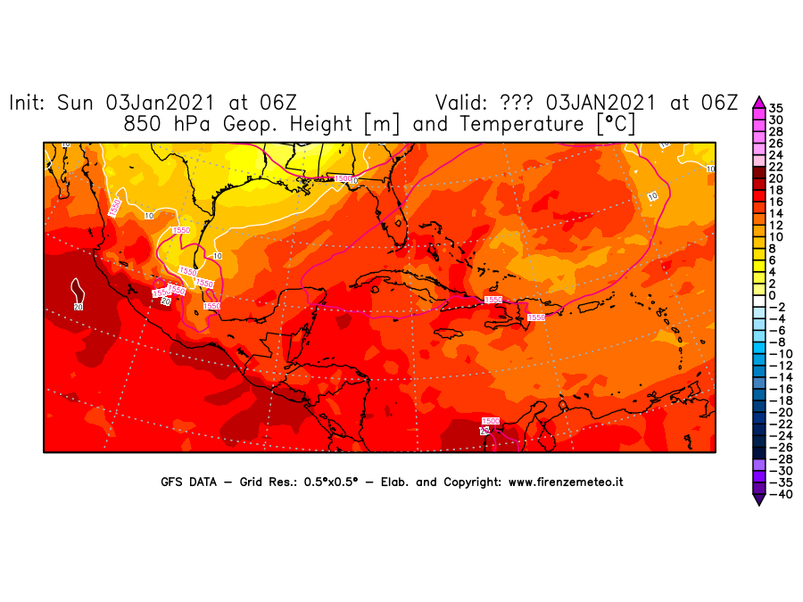 Mappa di analisi GFS - Geopotenziale [m] e Temperatura [°C] a 850 hPa in Centro-America
							del 03/01/2021 06 <!--googleoff: index-->UTC<!--googleon: index-->
