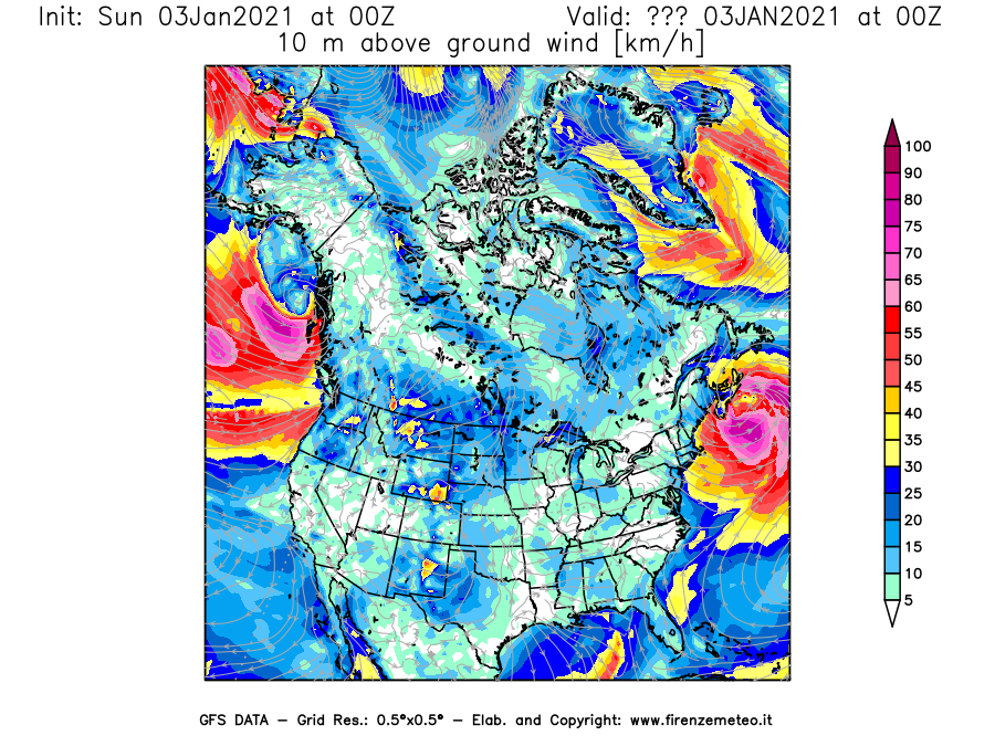Mappa di analisi GFS - Velocità del vento a 10 metri dal suolo [km/h] in Nord-America
									del 03/01/2021 00 <!--googleoff: index-->UTC<!--googleon: index-->