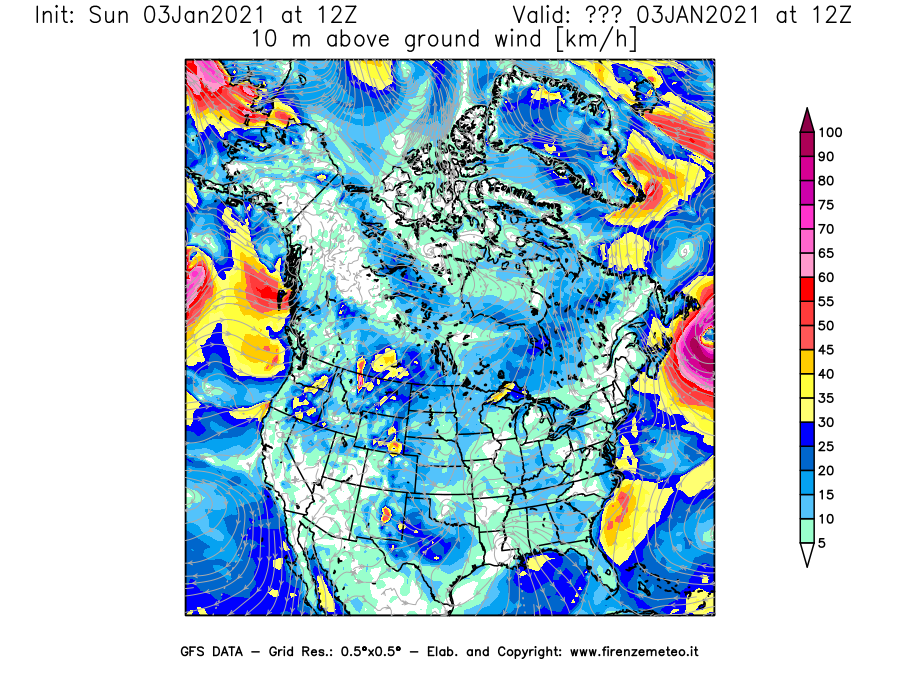 Mappa di analisi GFS - Velocità del vento a 10 metri dal suolo [km/h] in Nord-America
									del 03/01/2021 12 <!--googleoff: index-->UTC<!--googleon: index-->