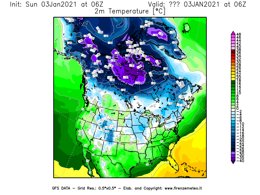 Mappa di analisi GFS - Temperatura a 2 metri dal suolo [°C] in Nord-America
							del 03/01/2021 06 <!--googleoff: index-->UTC<!--googleon: index-->