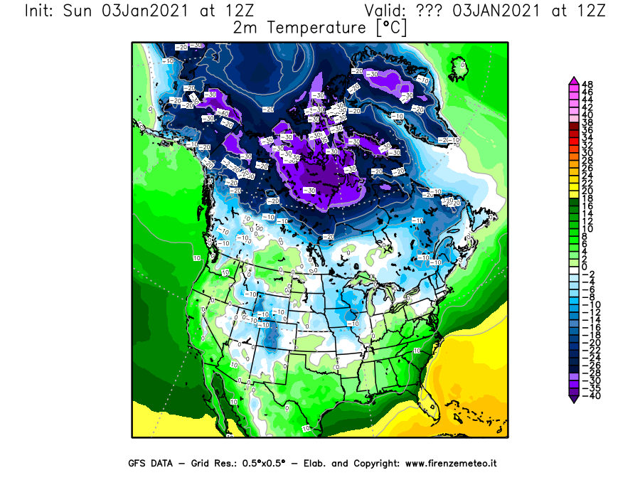 Mappa di analisi GFS - Temperatura a 2 metri dal suolo [°C] in Nord-America
							del 03/01/2021 12 <!--googleoff: index-->UTC<!--googleon: index-->