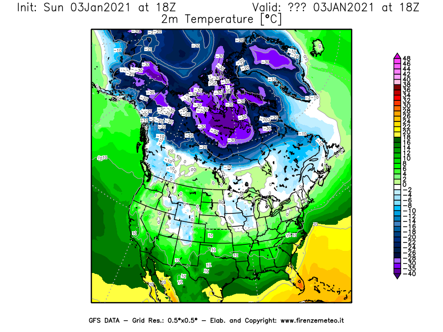 Mappa di analisi GFS - Temperatura a 2 metri dal suolo [°C] in Nord-America
									del 03/01/2021 18 <!--googleoff: index-->UTC<!--googleon: index-->