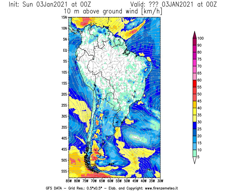 Mappa di analisi GFS - Velocità del vento a 10 metri dal suolo [km/h] in Sud-America
									del 03/01/2021 00 <!--googleoff: index-->UTC<!--googleon: index-->