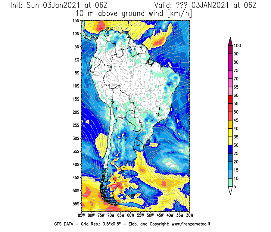 Mappa di analisi GFS - Velocità del vento a 10 metri dal suolo [km/h] in Sud-America
									del 03/01/2021 06 <!--googleoff: index-->UTC<!--googleon: index-->
