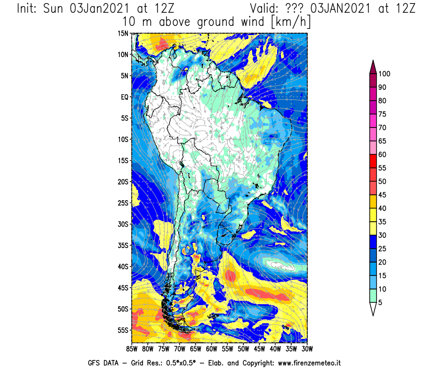 Mappa di analisi GFS - Velocità del vento a 10 metri dal suolo [km/h] in Sud-America
							del 03/01/2021 12 <!--googleoff: index-->UTC<!--googleon: index-->