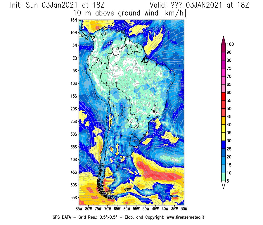 Mappa di analisi GFS - Velocità del vento a 10 metri dal suolo [km/h] in Sud-America
									del 03/01/2021 18 <!--googleoff: index-->UTC<!--googleon: index-->