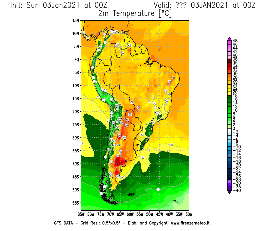 Mappa di analisi GFS - Temperatura a 2 metri dal suolo [°C] in Sud-America
									del 03/01/2021 00 <!--googleoff: index-->UTC<!--googleon: index-->