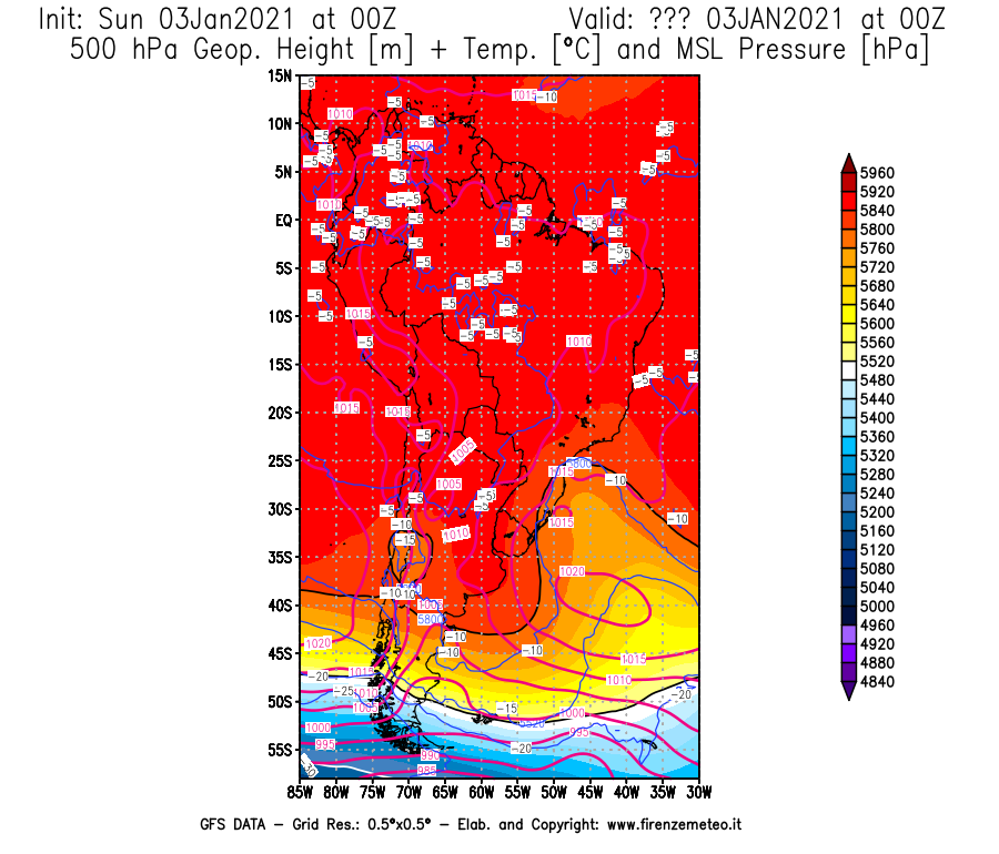 Mappa di analisi GFS - Geopotenziale [m] + Temp. [°C] a 500 hPa + Press. a livello del mare [hPa] in Sud-America
									del 03/01/2021 00 <!--googleoff: index-->UTC<!--googleon: index-->