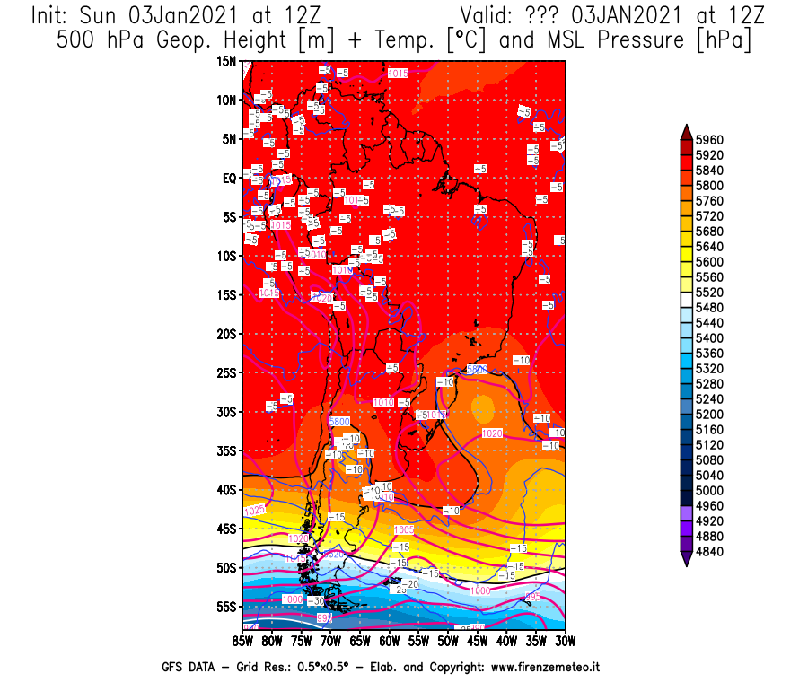 Mappa di analisi GFS - Geopotenziale [m] + Temp. [°C] a 500 hPa + Press. a livello del mare [hPa] in Sud-America
									del 03/01/2021 12 <!--googleoff: index-->UTC<!--googleon: index-->
